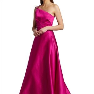 Full skirt glamorous satin ball gown w/ shimmering embellished shoulder strap